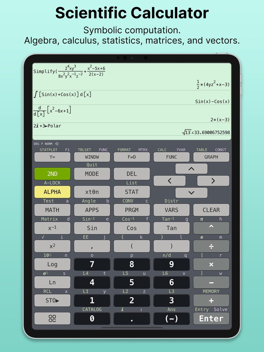 Scientific Calculator on iPad: symbolic computation for algebra, calculus, statistics, matrices and vectors