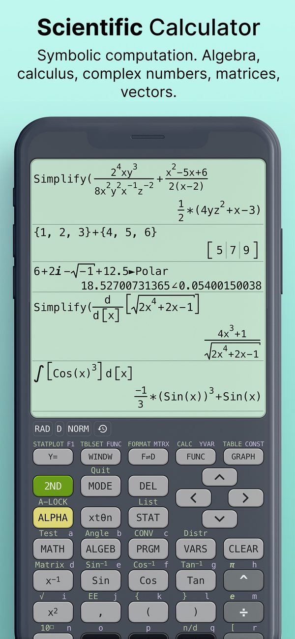 Scientific Calculator: symbolic computation, algebra, calculus, complex numbers, matrices and vectors