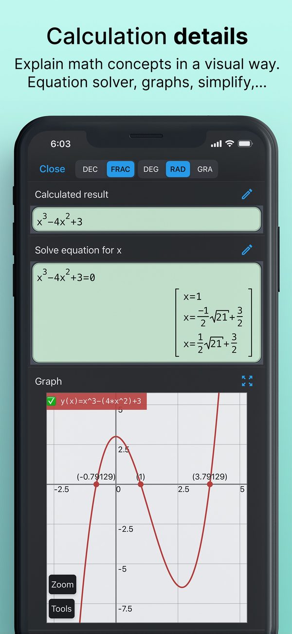 Calculation details: equation solver, graphs and simplification explained visually