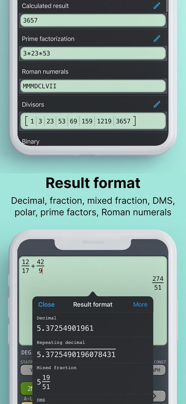 Result format: decimal, fraction, mixed fraction, DMS, polar, prime factors and Roman numerals
